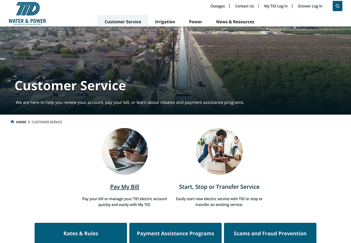 Screenshot of a utility company's Customer Service webpage with options to pay a bill, start or stop service, and links to rates, payment assistance, and fraud information.