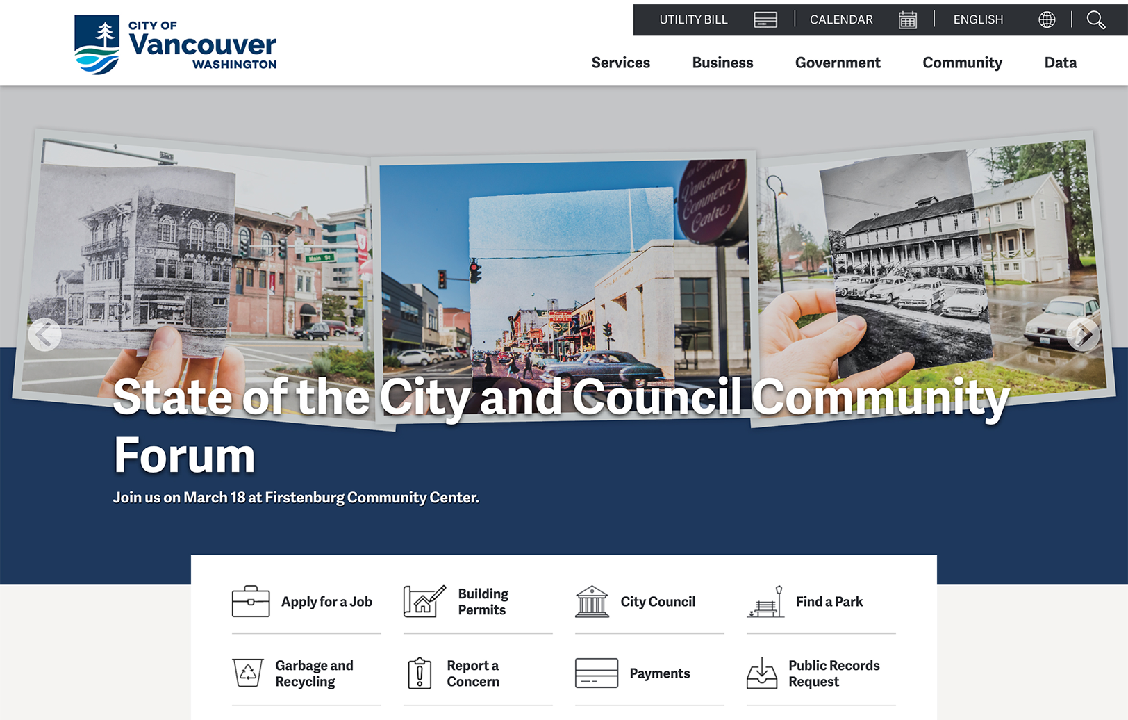 Screenshot of the City of Vancouver, Washington website homepage, featuring a banner for the State of the City and Council Community Forum and navigation options for city services.