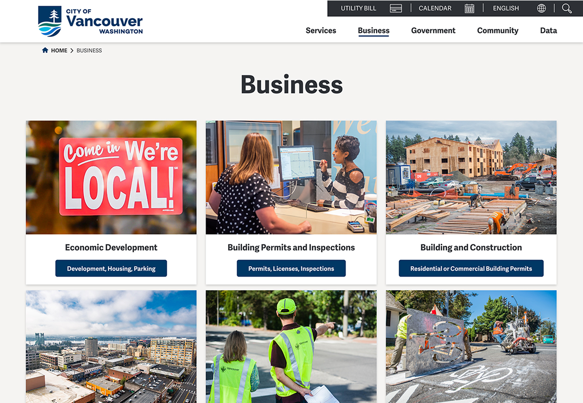 Screenshot of the City of Vancouver, Washington Business webpage showing sections for Economic Development, Building Permits and Inspections, and Building and Construction.