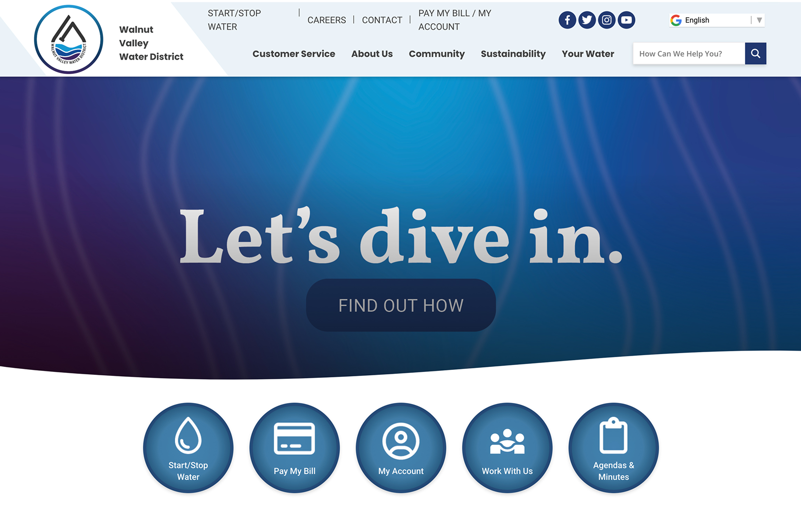 Walnut Valley Water District website homepage with “Let’s dive in” text, a “Find Out How” button, and five circular navigation icons at the bottom.