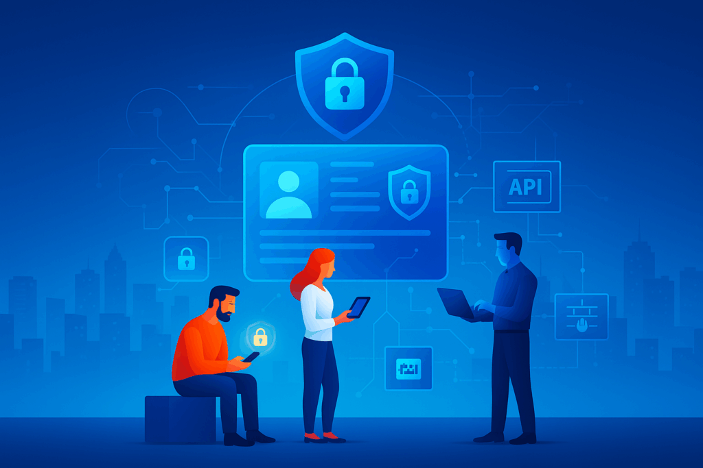 Three people use digital devices in front of a large screen displaying locks, profile information, and security icons, representing data privacy and cybersecurity concepts.