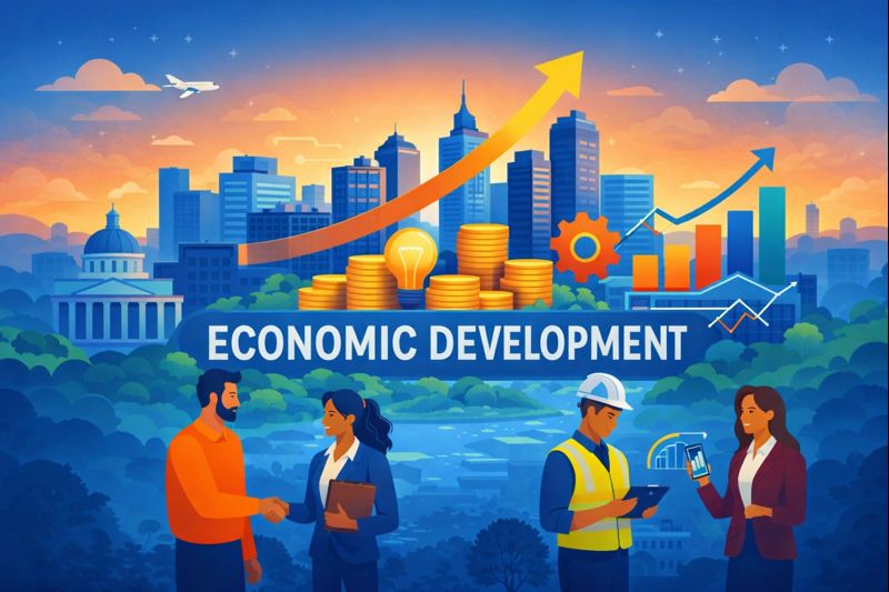 Illustration of economic development, showing city skyline, coins, graphs, and four professionals discussing and shaking hands in the foreground.