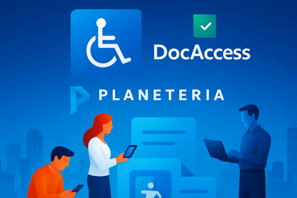 Three people using digital devices with DocAccess and Planeteria logos, emphasizing digital accessibility and document access. Blue background with cityscape silhouette.