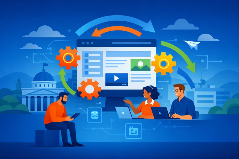 Three people collaborate with laptops and tablets in front of a large screen displaying website elements, gears, and arrows, symbolizing teamwork and digital project development.