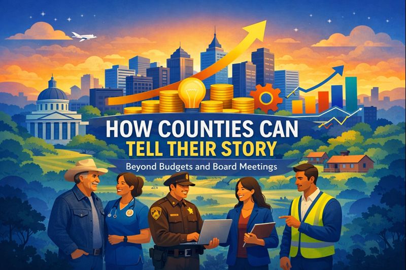 Illustration of diverse county professionals in discussion, with charts, coins, and government buildings, titled "How Counties Can Tell Their Story: Beyond Budgets and Board Meetings.
