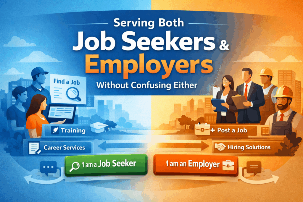 Split-screen graphic showing job seekers with training and career services on the left, and employers with job posting and hiring solutions on the right; clear call-to-action buttons for each group.