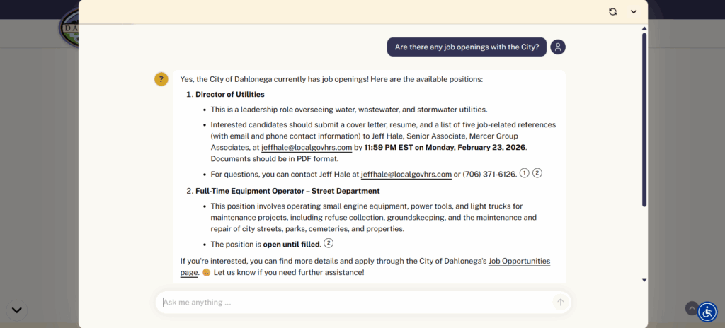 Screenshot of a webpage listing job openings for the City of Dahlonega, including Director of Utilities and Full-Time Equipment Operator, with application instructions and contact information.