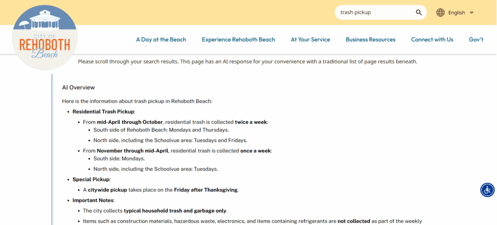 Screenshot of the City of Rehoboth Beach website displaying information about residential trash pickup schedules, including regular and special pickup dates.