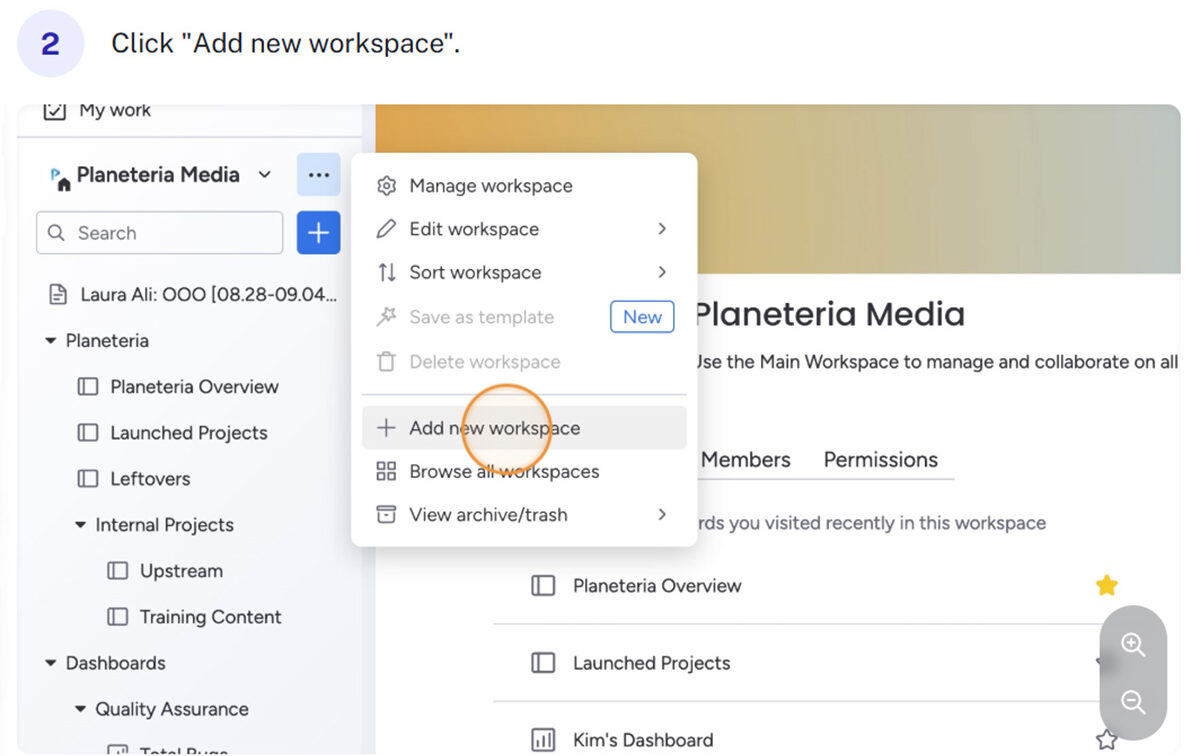 Screenshot showing a user opening the menu in a workspace platform and highlighting the “Add new workspace” option under the Manage workspace menu.