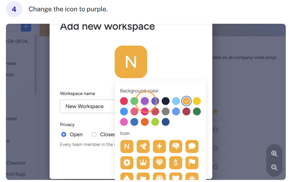 A workspace settings window shows an icon color picker, with the purple color selected, for creating a new workspace.