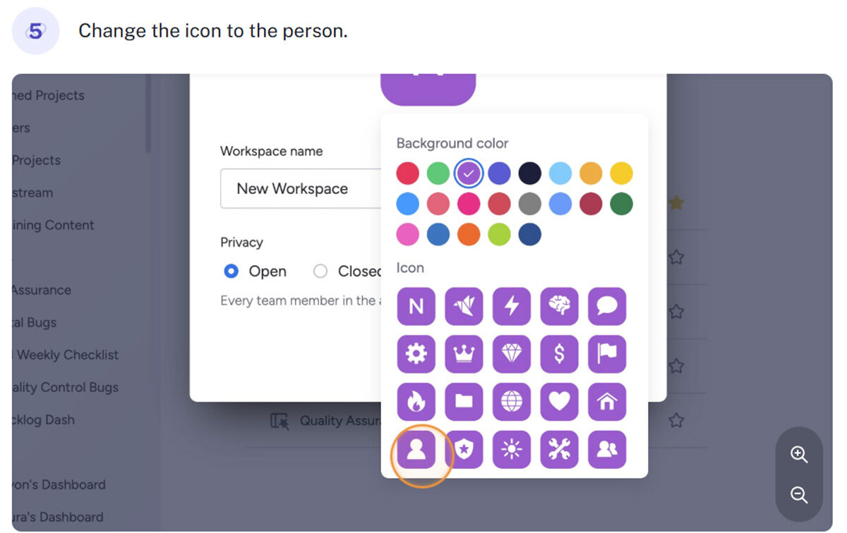 A dropdown menu displays various colorful icons and background options; the icon of a person is highlighted with an orange circle.
