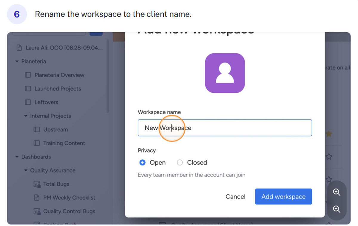 A dialog box shows a user renaming a workspace to 
