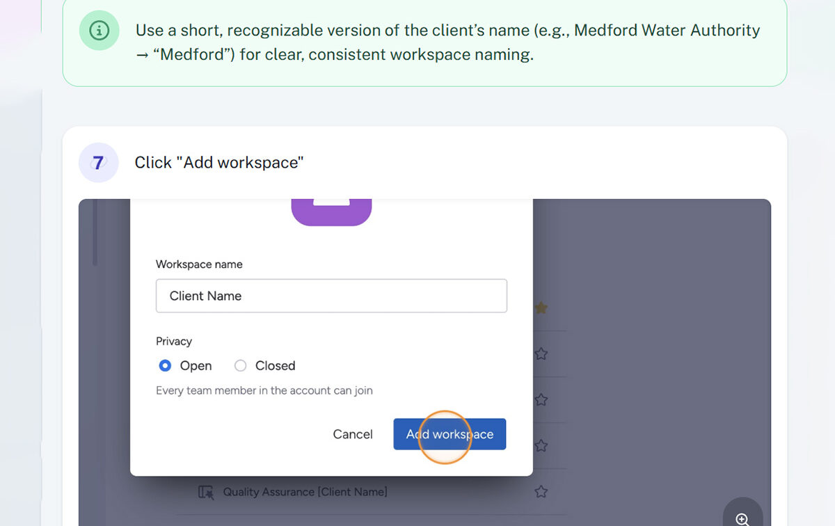 A pop-up window prompts the user to enter a workspace name and select privacy settings, with the “Add workspace” button highlighted in blue and circled in orange.