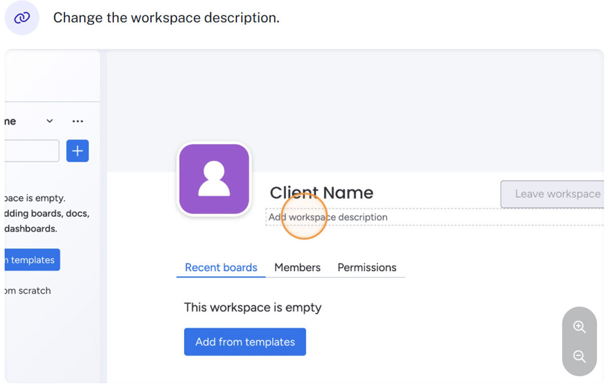 A workspace description field is highlighted with an orange circle.