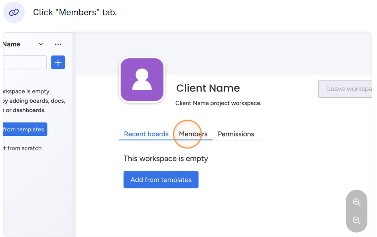 A workspace dashboard displays the 